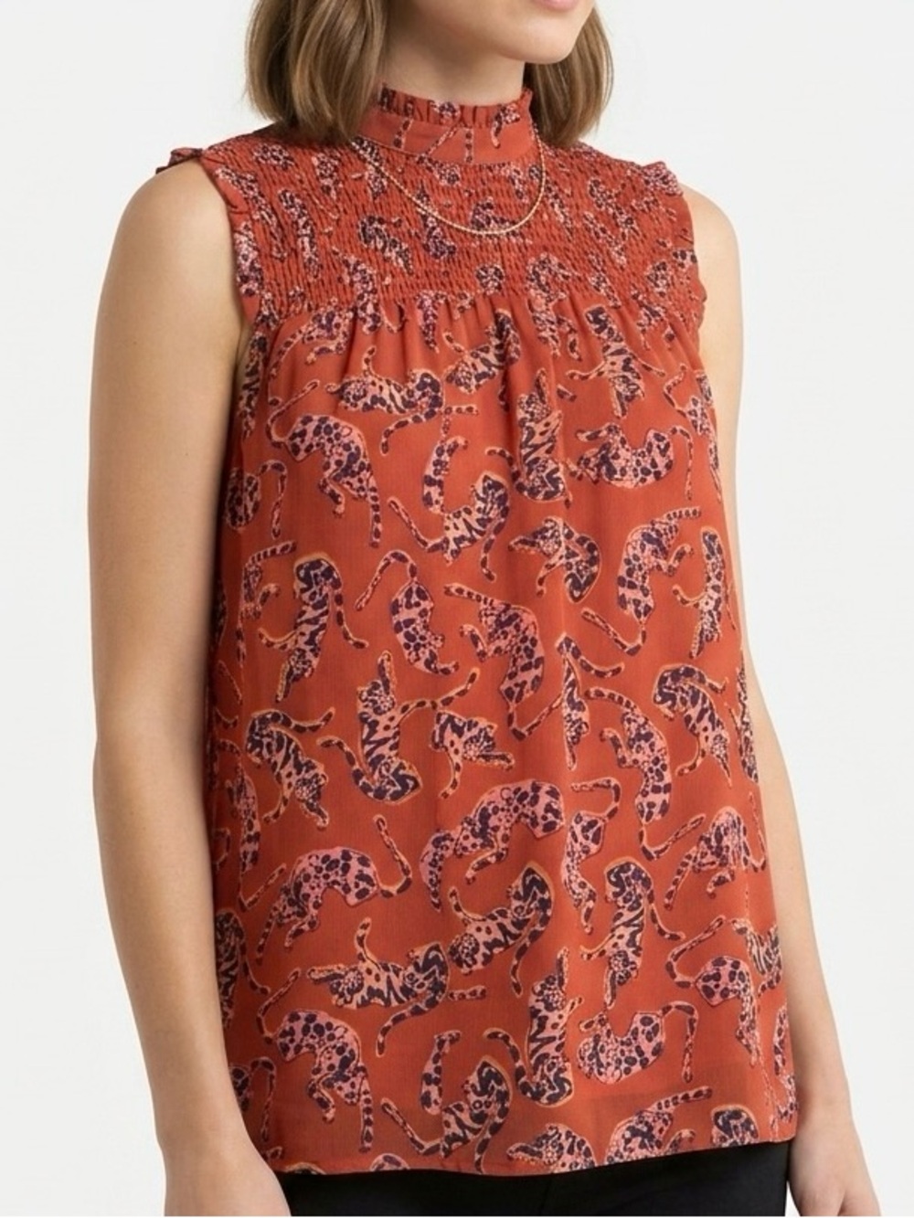 Maeve Anthropologie Sleeveless Smocked Mock Neck Leopard Print Blouse Size 2